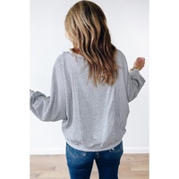 Light Grey Waffle Patchwork Long Sleeve Raw Hem Pullover Top - L thumbnail