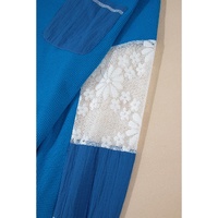 Sky Blue Lace Floral Patchwork Sleeve Stitching V Neck Rib Knit Blouse - L thumbnail