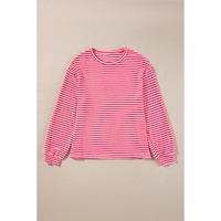 Rose Stripe Round Neck Drop Shoulder Long Sleeve Top - S thumbnail