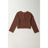 Brown Stripe Textured Frilly Trim Buttons Henley Long Sleeve Top - L thumbnail
