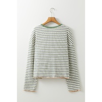 Green Stripe Textured Frilly Trim Buttons Henley Long Sleeve Top - L thumbnail