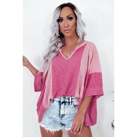 Bright Pink Textured Colorblock 3/4 Sleeve Oversize Top - L thumbnail