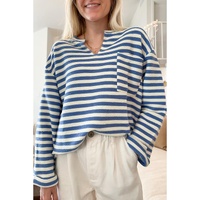Sky Blue Stripe Chest Pocket Buttoned Back Notched V Neck Top - L thumbnail