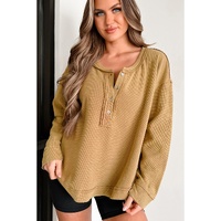 Camel Textured Knit Half Button Drop Shoulder Oversized Top - L thumbnail