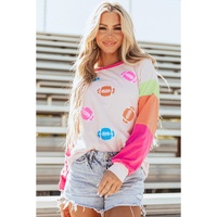 Pink GAME DAY Rugby Football Graphic Color Block Sleeve Top - L thumbnail