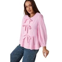 Pink Stripe Bowknot Front Crew Neck Puff Sleeve Blouse - L thumbnail