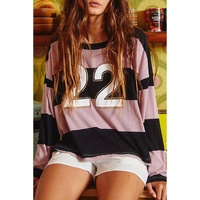 Pink Stripe Color Block Number 22 Print Game Day Loose Long Sleeve Top - L thumbnail