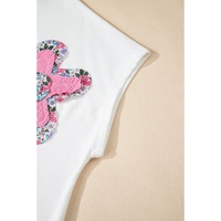 White Floral Applique Notched V Neck Dolman Sleeve Top - S thumbnail