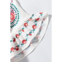 White Boho Floral Print Round Neck Ruffle Trim Blouse - S thumbnail