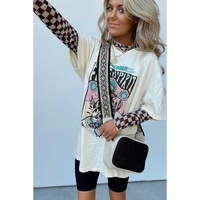 Black Checkered Pattern Mesh Mock Neck Long Sleeve Top - L thumbnail