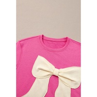 Strawberry Pink Contrasting Color Ribbon Bow Front Patch Loose Tee with Slits - L thumbnail