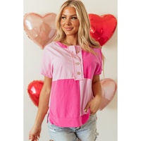 Pink Two Tone Half Buttons Collared T Shirt - S thumbnail