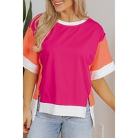 Rose Red Color Block Patchwork Side Slits Loose Fit T Shirt - L thumbnail