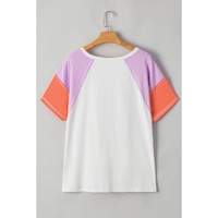 Beige Colorblock Patchwork V Neck Exposed Seam High Low T Shirt - L thumbnail