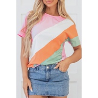 Pink Color Block Patchwork Seamed Crewneck T Shirt - S thumbnail
