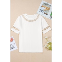 White Lace Crochet Crew Neck Casual T Shirt - S thumbnail