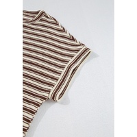 Brown Stripe Textured Side Slits Crew Neck T Shirt - L thumbnail