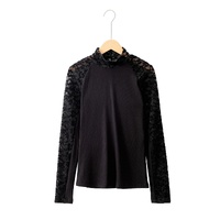 Black Floral Lace Patchwork Long Sleeve High Neck Slim Top - XL thumbnail