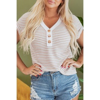 Khaki Stripe Buttoned Front V Neck Knitted T Shirt - L thumbnail