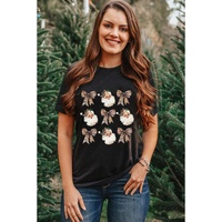 Black Santa Claus Leopard Bow Print Crew Neck Casual T Shirt - M thumbnail
