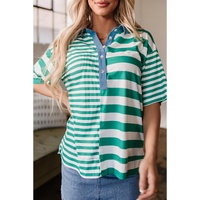 Green Stripe Colorblock Collar Half Buttons T Shirt - L thumbnail