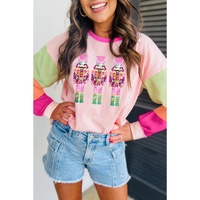 Pink Christmas Sequin Nutcracker Graphic Colorblock Long Sleeve Top - L thumbnail