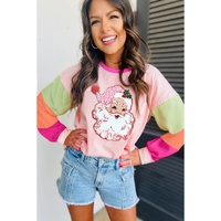 Pink Christmas Santa Claus Graphic Colorblock Patchwork Top - L thumbnail