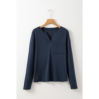 Dirty blue Notch V Neck Pocket Patched Long Sleeve T Shirt - L thumbnail
