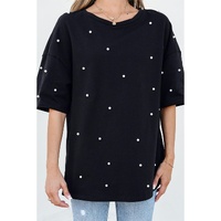 Black Pearl Beaded  Drop Shoulder Crewneck T Shirt - XL thumbnail