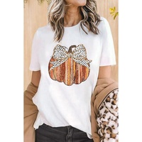 White Thanksgiving Bow Knot Pumpkin Print Round Neck T Shirt - XL thumbnail