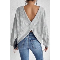 Light Grey Textured Crossover Backless Knit Long Sleeve Top - L thumbnail