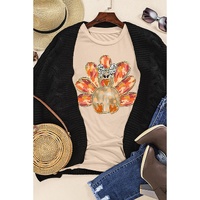 Khaki Thanksgiving Bowknot Turkey Graphic Crewneck Tee - S thumbnail