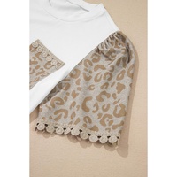 White Leopard Patchwork Crochet Lace Trim Puff Sleeve T Shirt - S thumbnail