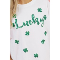 White St Patrick Lucky Clover Sequin Graphic T Shirt - S thumbnail