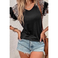 Black Leopard Print Patchwork Ruffled Sleeve V Neck T Shirt - M thumbnail