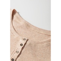 Oatmeal Short Sleeve Half Button Ribbed Knit Top - L thumbnail