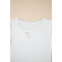 White Lace V Neckline Ribbed Slim Fit T Shirt - M thumbnail