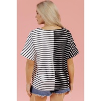Black Stripe Two Tone Colorblock V Neck T Shirt - L thumbnail