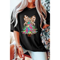 Black Heat Transfer Printing Christmas Tree Bowknot T-Shirt - XL thumbnail