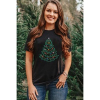 Black Rhinestone Christmas Tree Round Neck Graphic Tee - S thumbnail