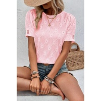 Pink Flower Geometric Textured Button Short Sleeve Top - XL thumbnail