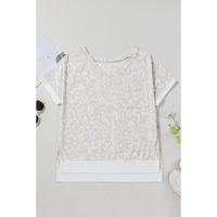 Khaki Leopard Print V Neck Side Slit Loose Fit T Shirt - L thumbnail