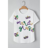 White Mardi Gras Tinsel Sequin Graphic T Shirt - L thumbnail