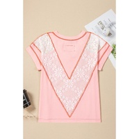 Light Pink Lace Patchwork Exposed Seam V Neck T Shirt - L thumbnail