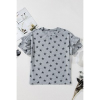 Gray Star Print Tiered Ruffled Sleeve Crew Neck T Shirt - S thumbnail