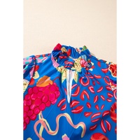 Blue Abstract Print Frilled Collar Ruffled Puff Short Sleeve Top - L thumbnail
