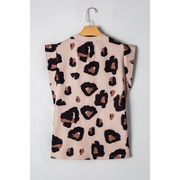 Khaki Leopard Crew Neck Cap Sleeve Casual Tee - L thumbnail