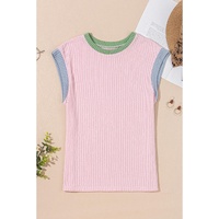 Pink Color Block Corded Knit Crew Neck Tee - L thumbnail