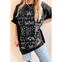 Black Paisley Print Crew Neck Loose Fit Tunic Tee - M thumbnail