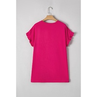 Rose Red Color Block Ruffled Crew Neck Loose Fit T Shirt - L thumbnail